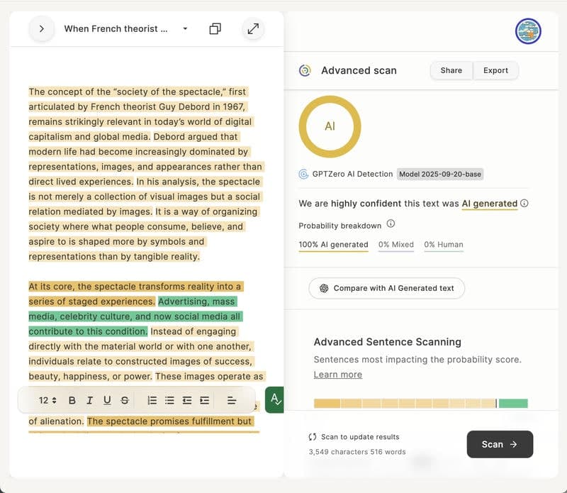 Before: GPTZero AI-generated report